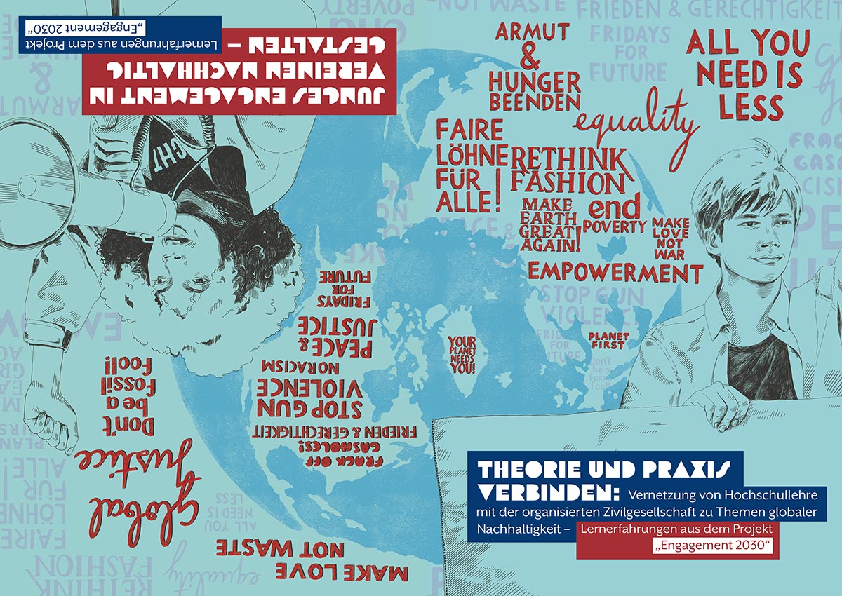 Illustrated front and back cover focused on youth engagement in sustainable practices and their connection to civil society organisations. The publication is double-sided and can be flipped 180 degrees. One side shows a young man holding a sign in front of a globe with slogans spread across various countries. The reverse side features a young woman raising her fist while speaking through a megaphone, with the same globe behind her, also displaying slogans like 'All you need is less', 'Fridays for Future', 'Make Earth Great Again', and 'Don't be a fossil, fool!'